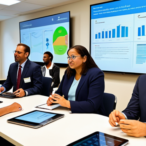 Home 4 A diverse group of adult individuals, including community members and public policy professionals, fully clothed in professional and modest attire, are gathered in a bright, modern community center. They are actively engaged in respectful discussion around tables, with some using tablets. A large interactive digital screen in the background displays data visualizations related to citizen feedback and community needs. The image features perfect anatomy, correct proportions, a natural pose, well-formed hands, proper finger count, and natural body proportions. This is a high-resolution, professional photograph with sharp focus, safe for work, appropriate content, and family-friendly.