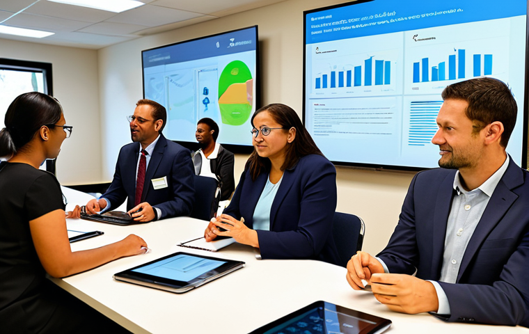 A diverse group of adult individuals, including community members and public policy professionals, fully clothed in professional and modest attire, are gathered in a bright, modern community center. They are actively engaged in respectful discussion around tables, with some using tablets. A large interactive digital screen in the background displays data visualizations related to citizen feedback and community needs. The image features perfect anatomy, correct proportions, a natural pose, well-formed hands, proper finger count, and natural body proportions. This is a high-resolution, professional photograph with sharp focus, safe for work, appropriate content, and family-friendly.