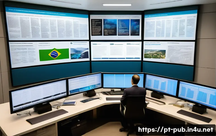 공공정책 전문가가 알아야 할 법령 - A professional public policy analyst in a modern Brazilian government office, surrounded by large sc...